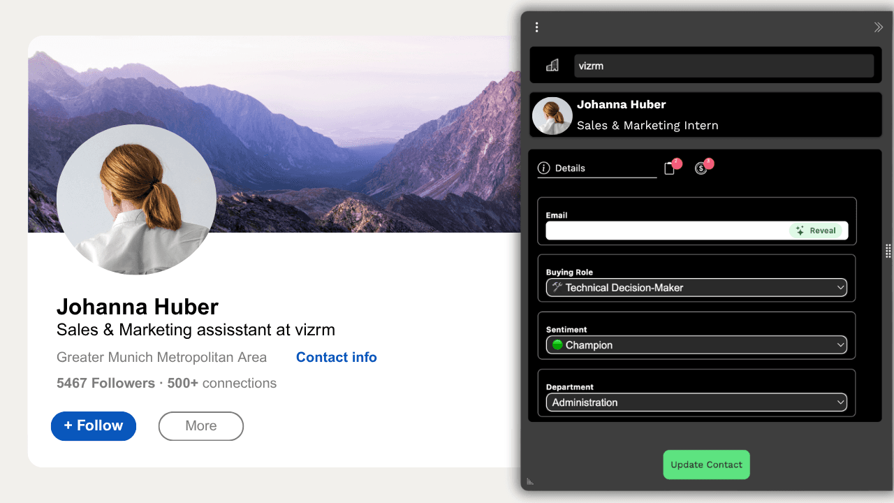 The vizrm extension sidebar on a LinkedIn profile, with reveal options for email and phone