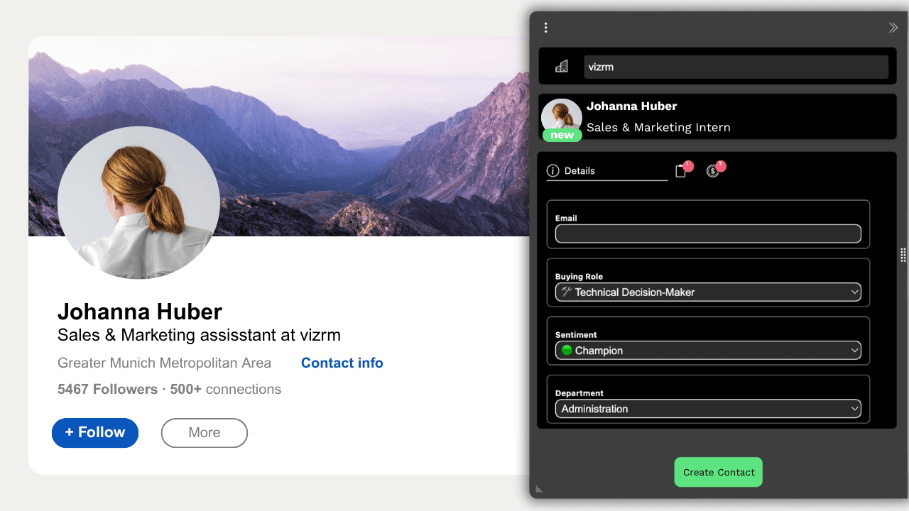 Creating a new HubSpot contact from a LinkedIn profile via the vizrm widget