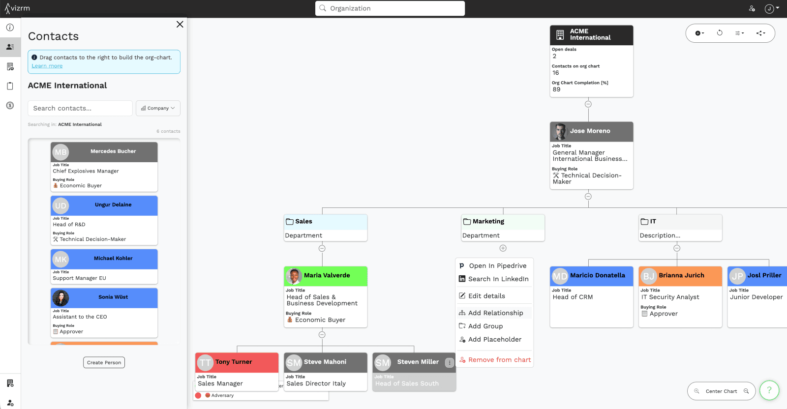 Drawing an informal relationship line between two contacts on an org chart, capturing influence that does not follow the reporting structure