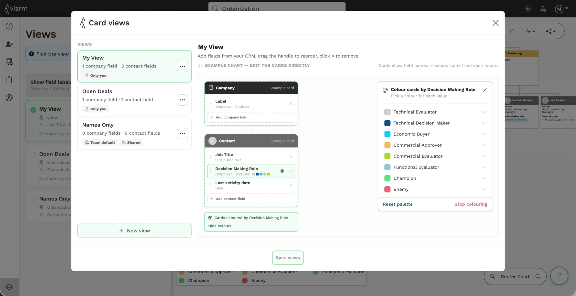 The Card views editor with example company and contact cards and colour rules for Decision Making Role