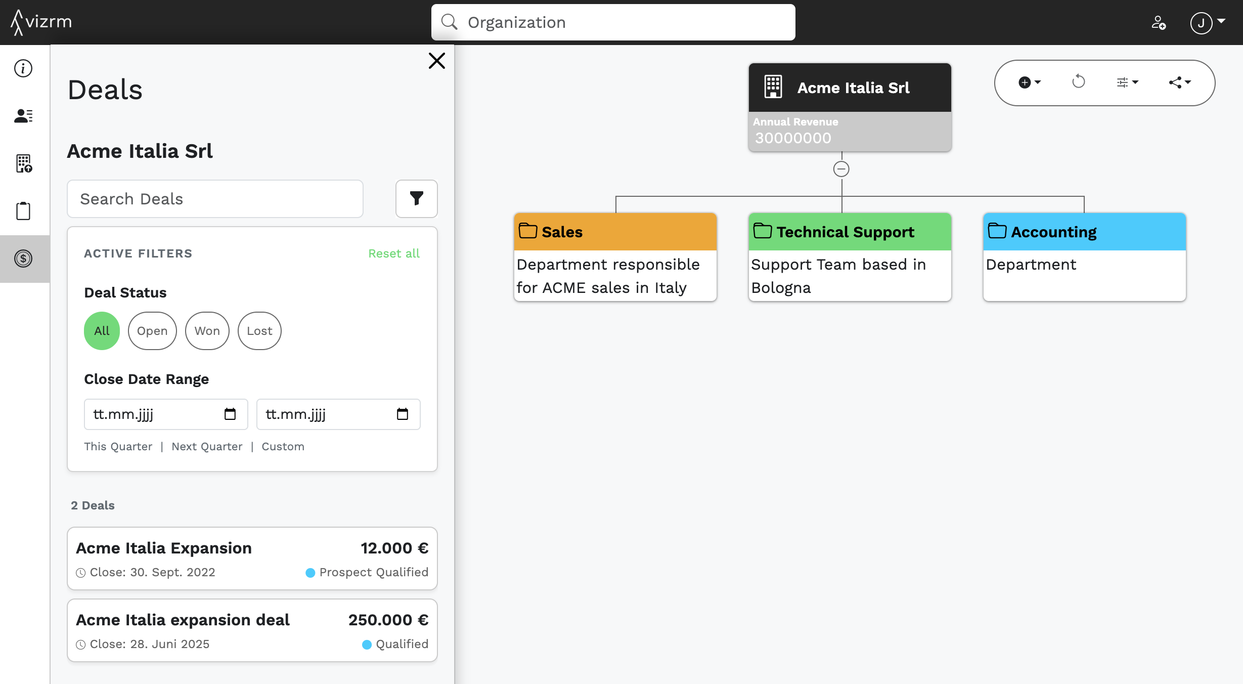 Deal status and close date filters in vizrm