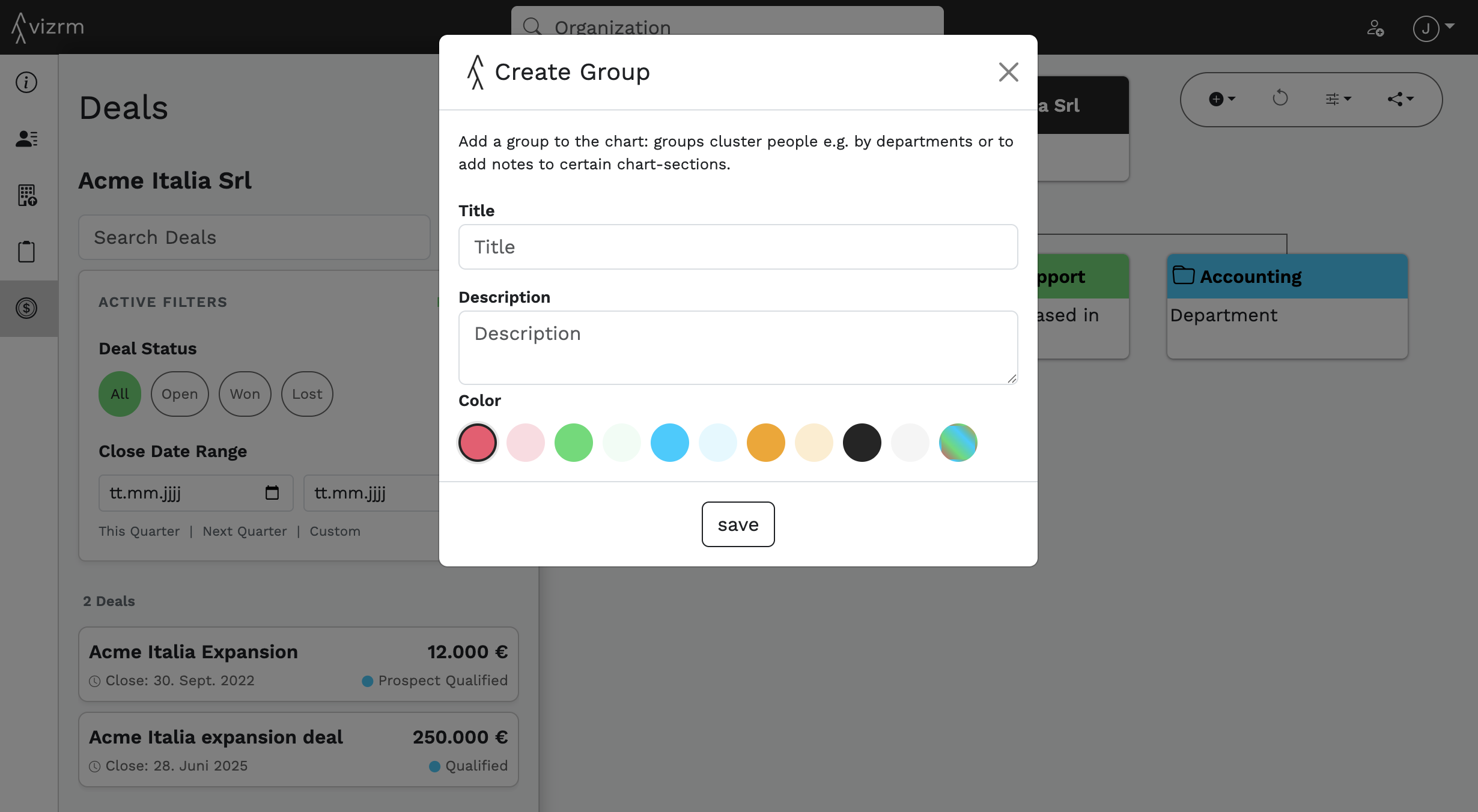 Pre-set group color palette in vizrm