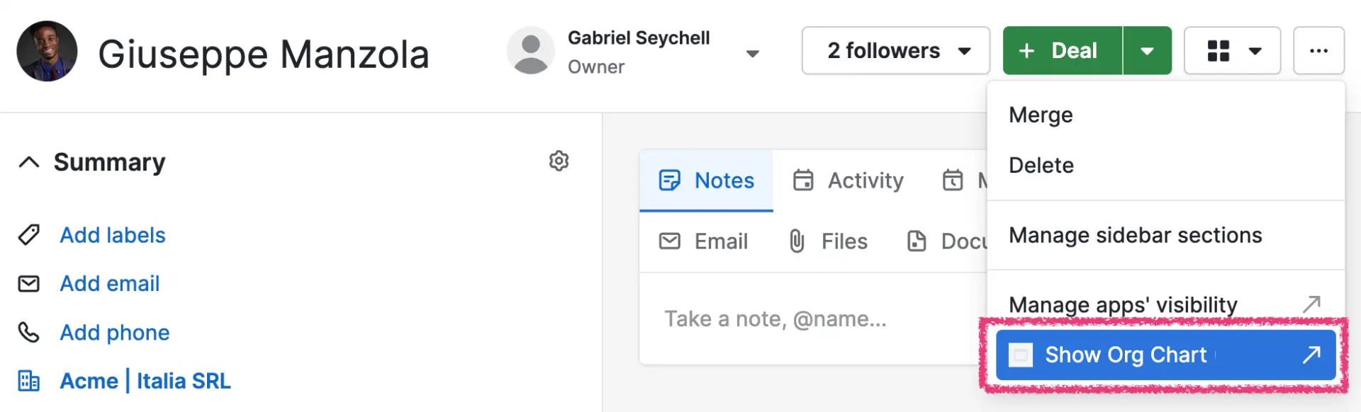 Launch org chart from Pipedrive contact