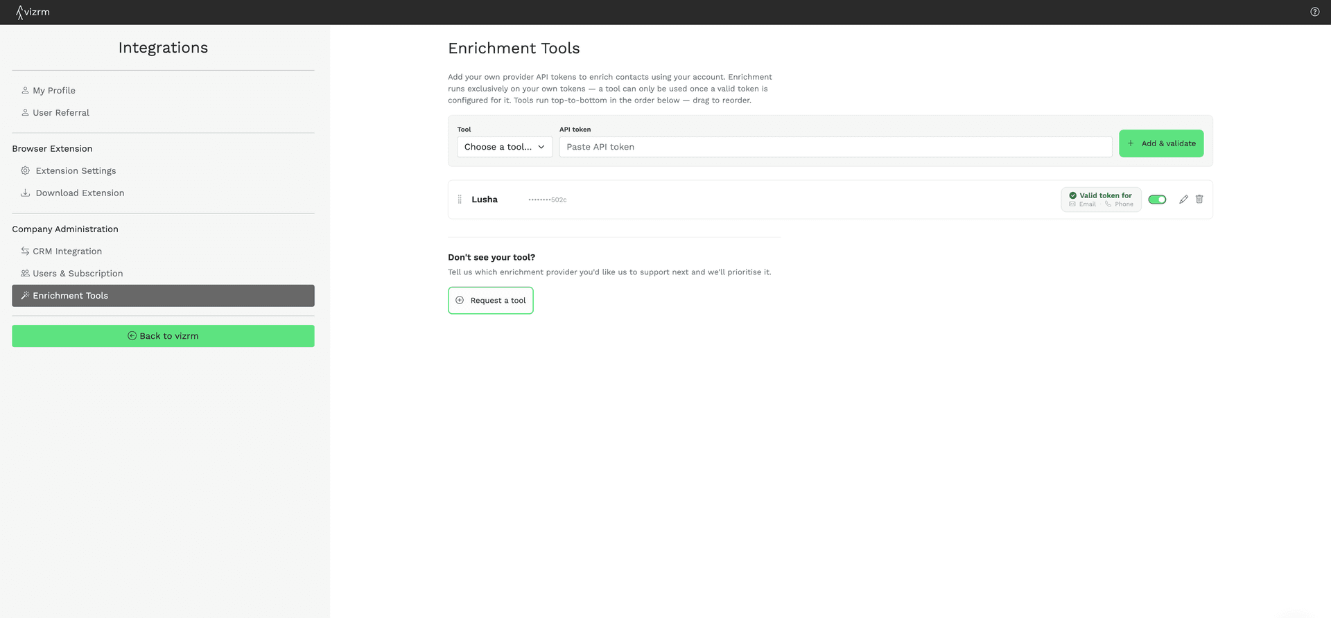 The Enrichment Tools setup screen in vizrm admin settings, showing a validated Lusha token