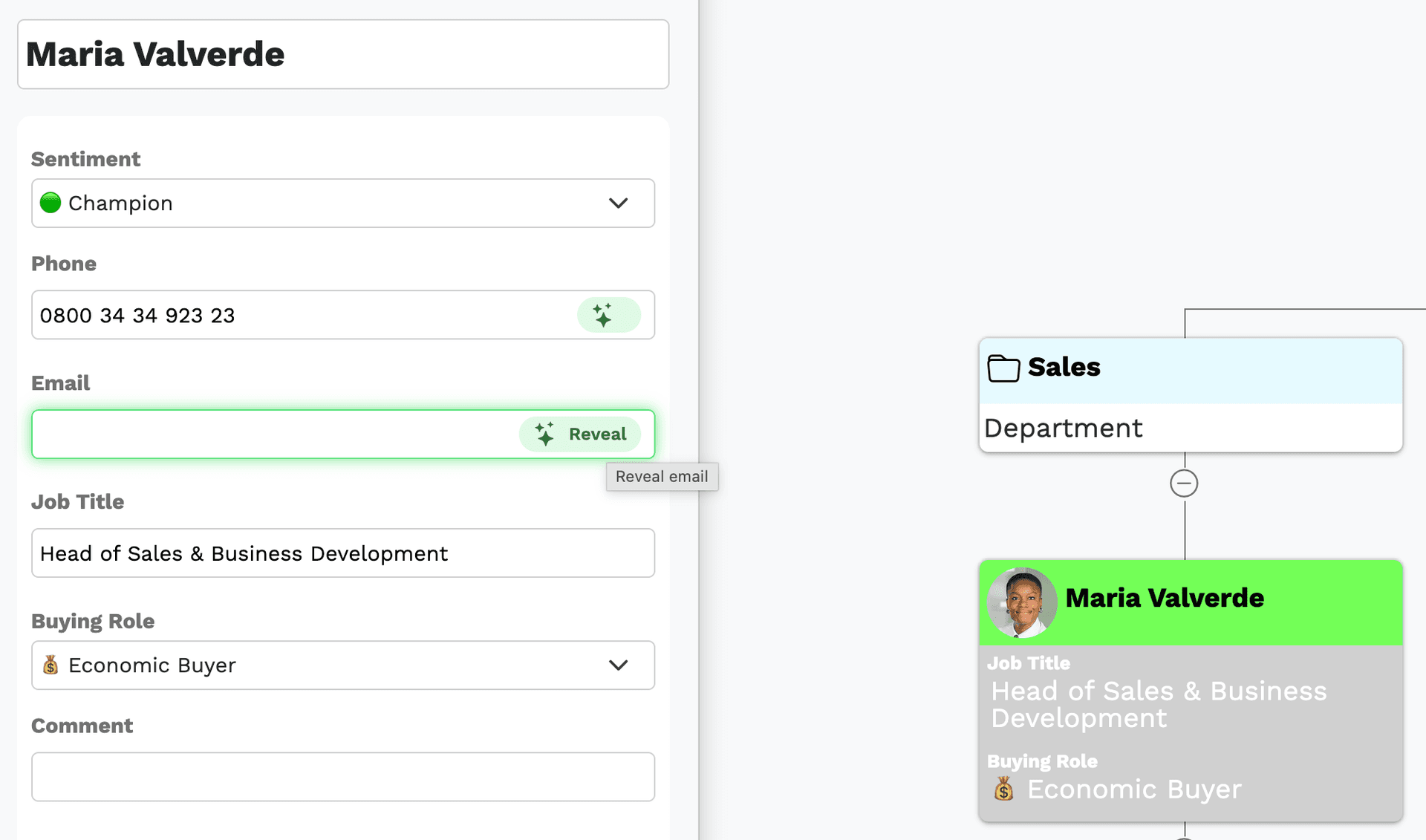 A contact panel in the vizrm org chart with Reveal buttons for email and phone